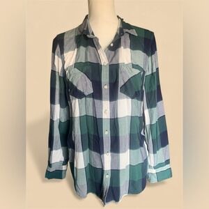 Merona Womens Green Navy Blue Plaid Button Down Flannel Style‎ Rayon Shirt Large